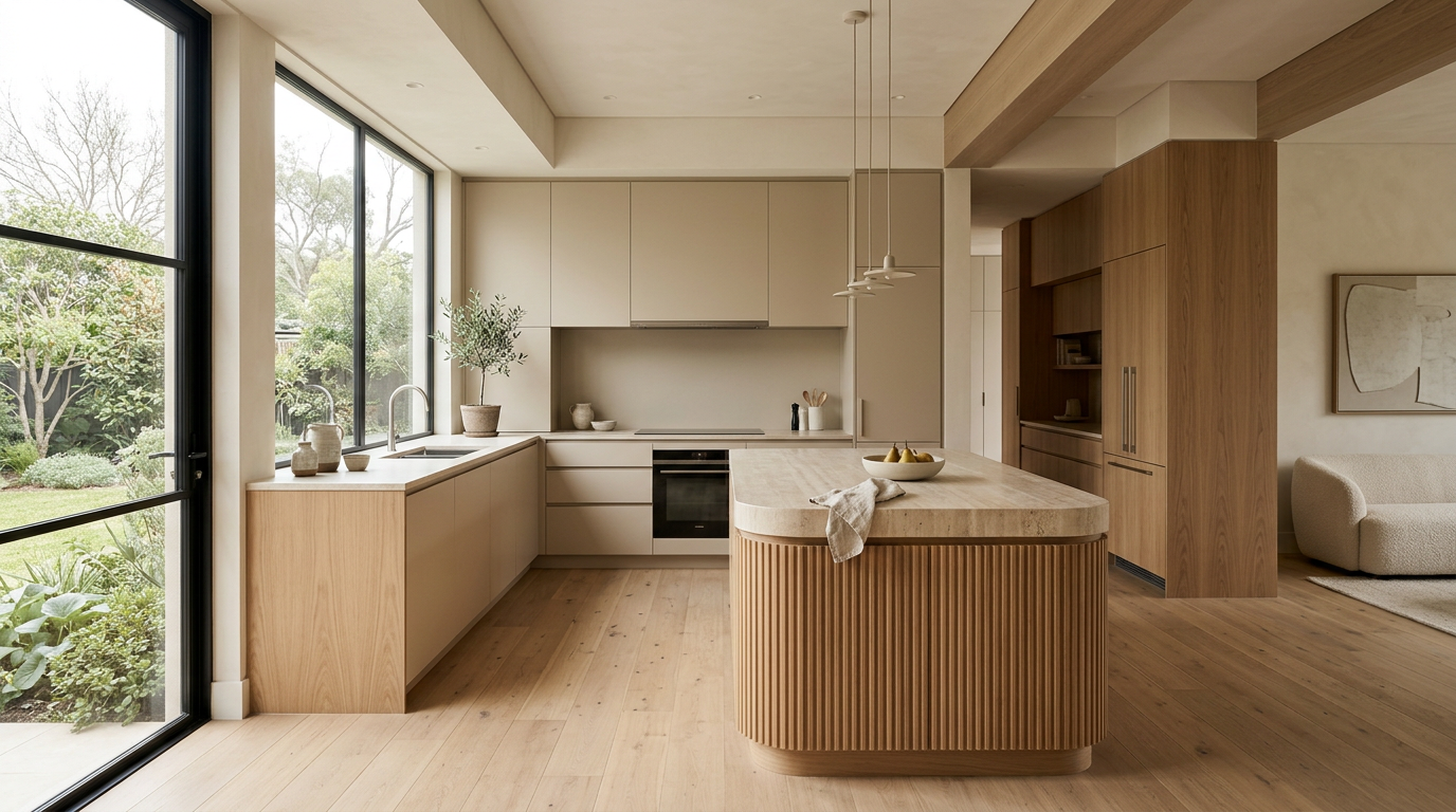 Современная кухня в спокойных нейтральных тонах, без людей